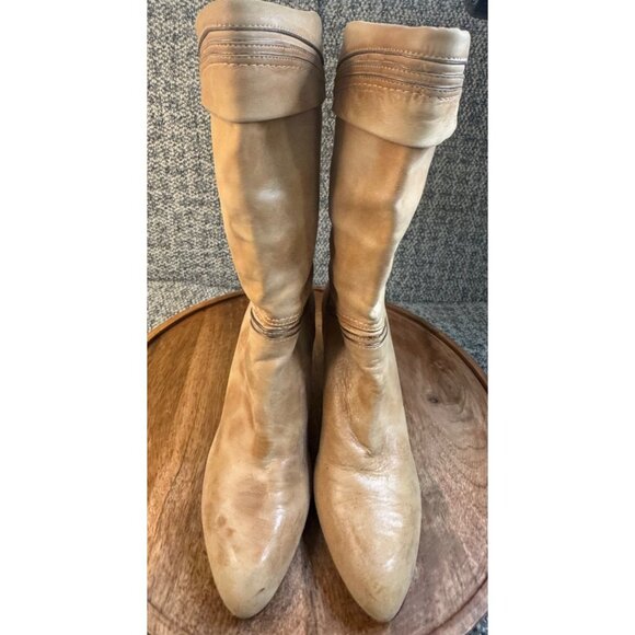 Frye Simone Cuff Mid-Calf Leather Natural Tan Boots With Stacked Heel.Size 8 - Picture 4 of 13